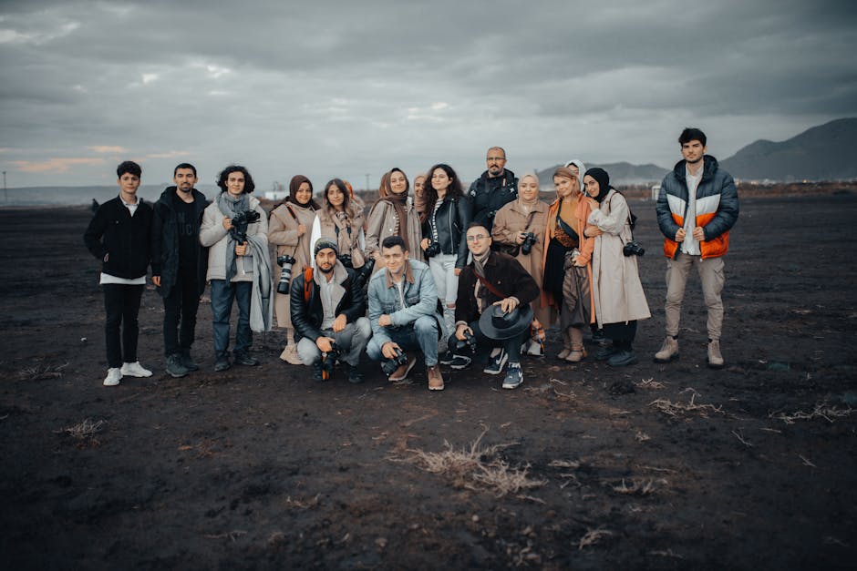 Skupinová lekcia fotografie s inštruktorom v exteriéri